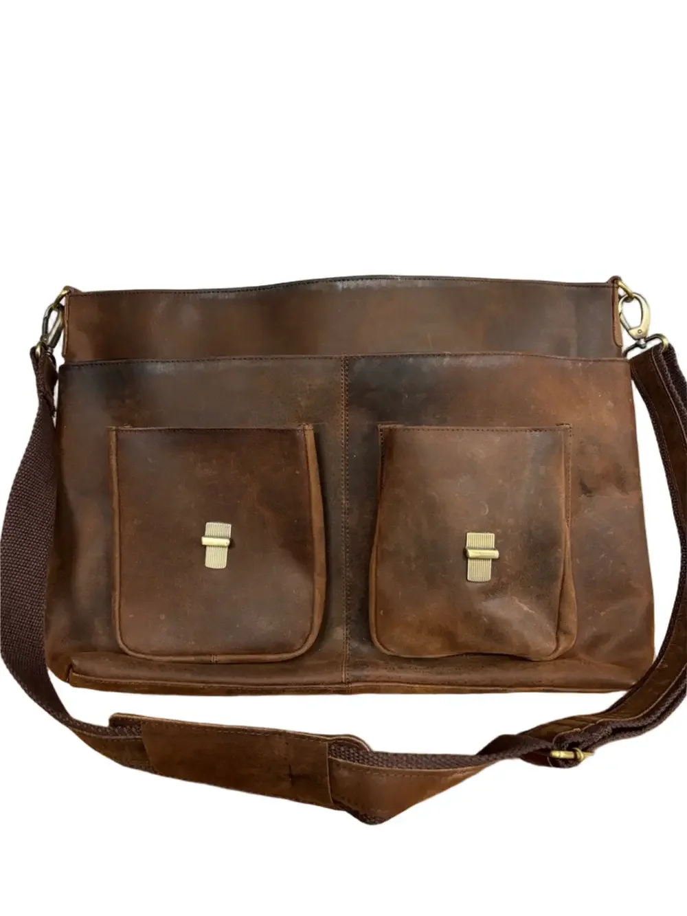 KomalC Vintage Distressed Leather Messenger Bag Brown Satchel Briefcase Academia